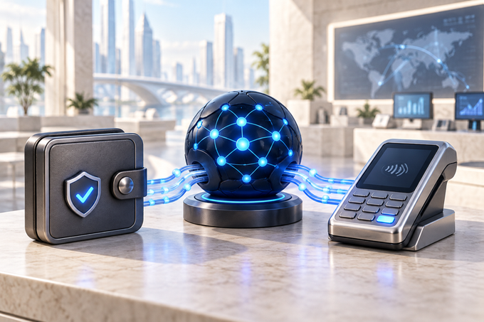 A futuristic 3D rendering depicting a network sphere connected to a security vault and a payment terminal on a marble countertop in a modern setting.