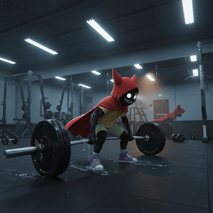 A 3D-rendered character wearing a red cat-eared hood and cape lifting heavy weights in a gym setting.