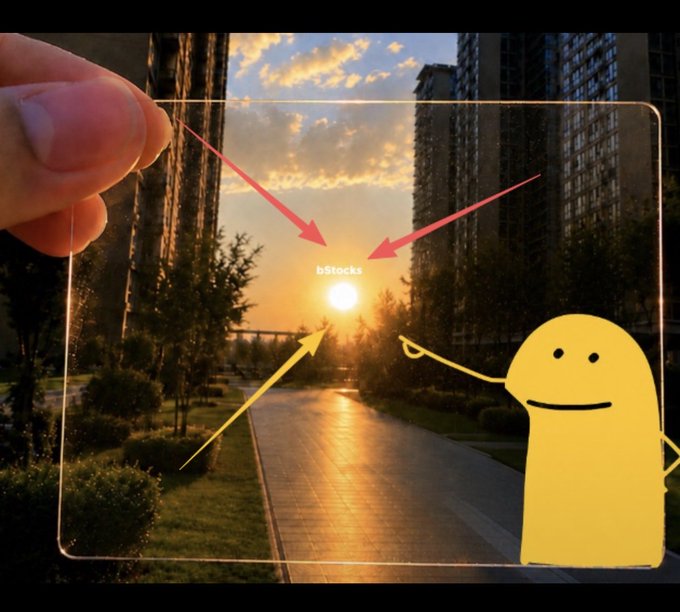A hand holds a transparent rectangular frame in front of a sunset cityscape, with red arrows pointing to the sun, overlaid with a yellow cartoon character and the text 'bStocks'.