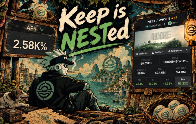 A digital illustration of a masked character overlooking a fantasy city and ocean, with overlaid text 'Keep is NESteD', 'APR 2.58K%', and a dashboard showing crypto ticker 'NEST / WHYPE' with price '$0.01835'.