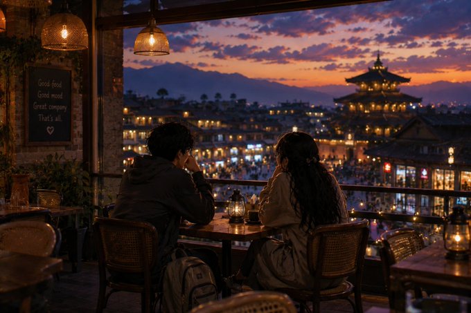 Two people seated at an outdoor café table overlooking a warmly lit traditional Asian town with a pagoda-style temple under a vibrant sunset sky.