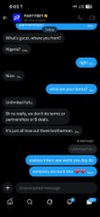 A screenshot of a text message exchange between two users discussing the PartyBet crypto betting platform, with one message reading "If my supply ran short someone we I will have chose $5000" and another mentioning "It's just all true not them trust me...", which relates to the post's promotion of the PartyBet wallet and its crypto betting service to Nigerian users.