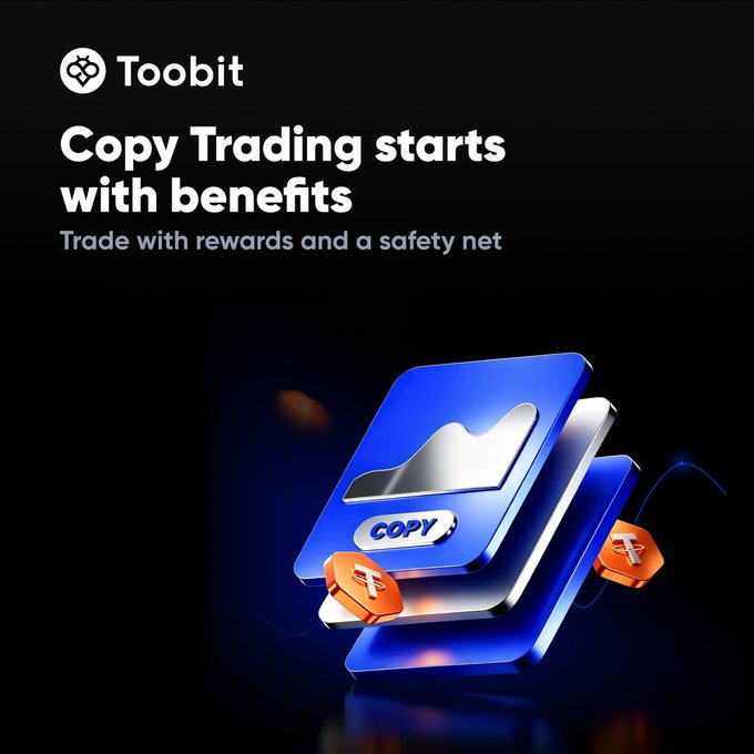 A sleek promotional graphic for Toobit featuring the headline "Copy Trading starts with benefits" and the tagline "Trade with rewards and a safety net," accompanied by a 3D illustration of stacked blue cards with a "COPY" button and floating orange coins. The image visually reinforces the post's message about copy trading incentives, including rewards, lucky draws, and loss coverage.