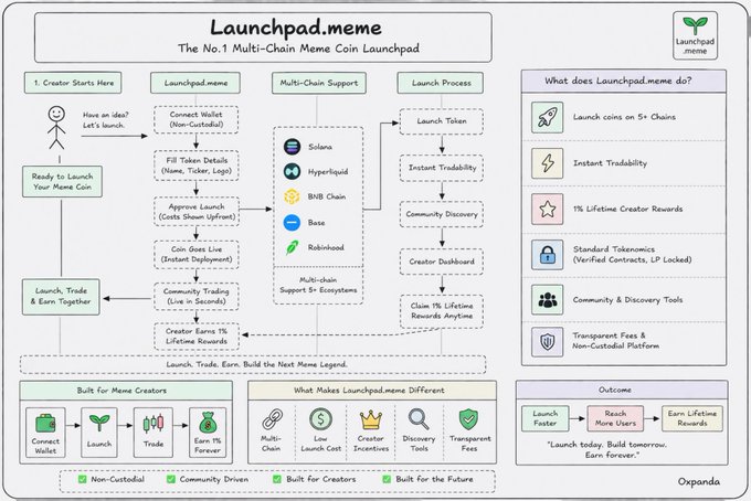 A flowchart-style infographic for 'Launchpad.meme' branded as 'The No.1 Multi-Chain Meme Coin Launchpad', detailing features like multi-chain support, instant tradability, and community tools across 5+ chains.