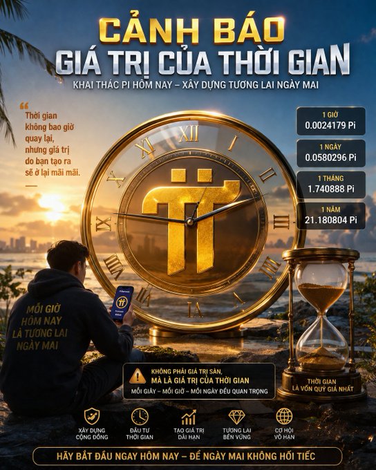 A Vietnamese-language cryptocurrency advertisement for Pi featuring a man looking at his phone next to a giant Pi-branded clock, warning about the value of time ('CẢNH BÁO GIÁ TRỊ CỦA THỜI GIAN') with Pi mining rates displayed.