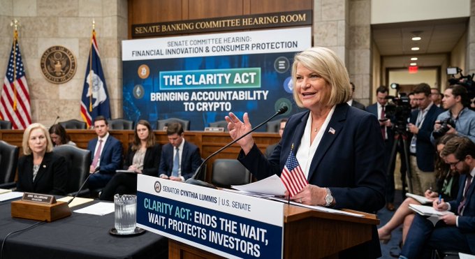 Senator Cynthia Lummis speaks at a Senate Banking Committee hearing in a room labeled "THE CLARITY ACT: BRINGING ACCOUNTABILITY TO CRYPTO," promoting legislation aimed at ending regulatory wait times and protecting crypto investors, aligning with the post's urgent call to get the bill signed into law next week.