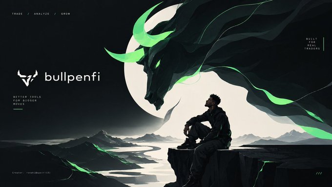 A dark, stylized graphic for 'bullpenfi' featuring a glowing green bull head and a silhouetted figure sitting on a cliff overlooking a river, with text reading 'BETTER TOOLS, FAIR & ORDER MOVES' and 'BUILT FOR REAL TRADERS.'