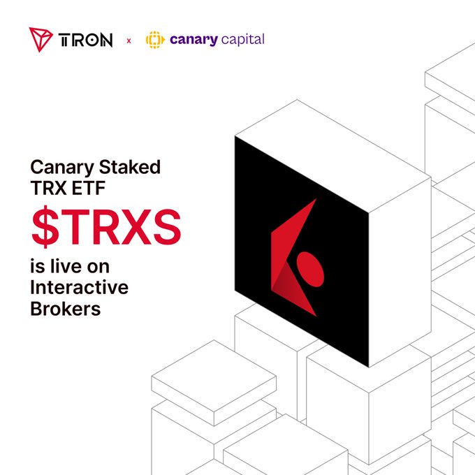 A promotional graphic announces the launch of the **Canary Staked TRX ETF ($TRXS)** on **Interactive Brokers**, featuring the TRON and Canary Capital logos alongside bold red "$TRXS" text and an isometric 3D illustration of stacked cubes. The image visually reinforces the post's announcement about expanding TRX exposure through traditional financial markets.