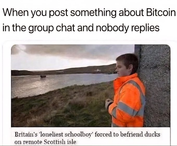 A meme captioned "When you post something about Bitcoin in the group chat and nobody replies" featuring a news photo of a boy in an orange vest with the headline "Britain's 'loneliest schoolboy' forced to befriend ducks on remote Scottish isle".