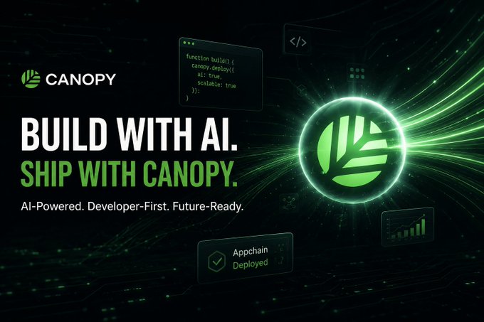 Dark tech-themed promotional graphic for 'CANOPY' with the tagline 'BUILD WITH AI. SHIP WITH CANOPY.' featuring green glowing leaf logo, code snippets, and 'Appchain Deployed' badge.