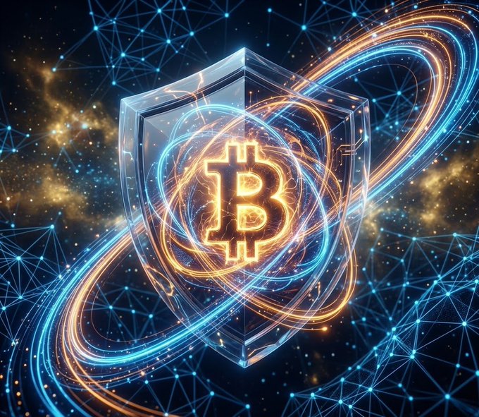 A digital artwork depicts a glowing Bitcoin symbol enclosed within a transparent shield, surrounded by swirling cosmic energy and geometric network patterns in blue and orange.