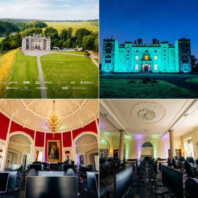 A four-panel collage showing aerial and illuminated views of a castle/manor, alongside grand interior rooms (a domed hall and a columned ballroom) set up with rows of gaming computers, with sponsor logos like NewArt, Skybox, JET, and Snokor visible.