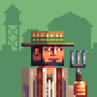 A pixel art image of a farmer character wearing a straw hat, holding a pitchfork, set against a green background with a water tower and trees.