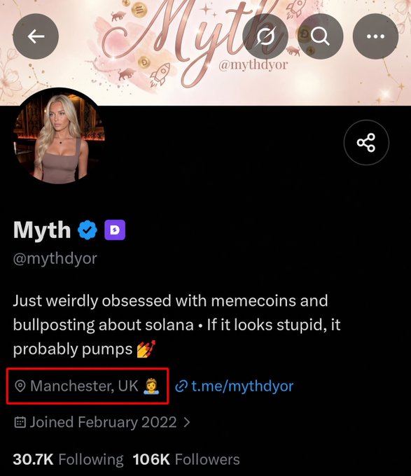 The screenshot shows a Twitter/X profile for "Myth" (@mythdyor), a crypto influencer with 106K followers, whose bio reads "Just weirdly obsessed with memecoins and bullposting about solana," and features a pinned location tag claiming "Manchester, UK" (highlighted in red).

The image supports the "Always verify" caption by demonstrating how profile metadata like location tags can be misleading or fabricated, reinforcing the need for users to independently confirm an influencer's claimed identity or location rather than trusting displayed credentials.