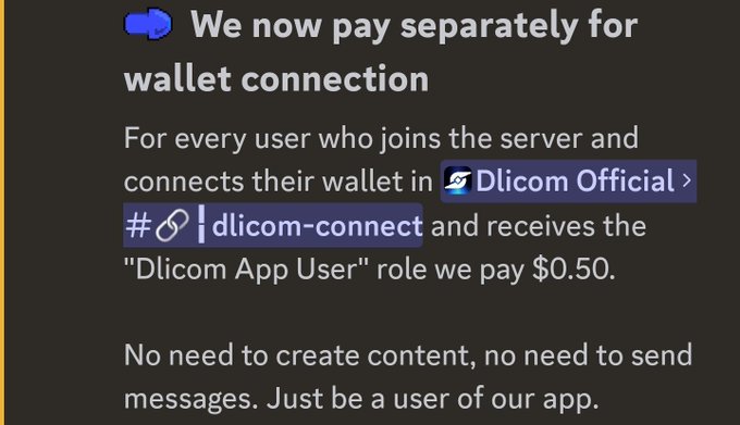 The image features a computer screen showing text from a website about how users can join a payment system and receive cash. The post promotes an opportunity for creators, who can earn $0.50 when they connect their Dlicom App User account on the website's message board. This platform allows people to share ideas or content in exchange for money, making it seem like a win-win situation for both the creator and the community.