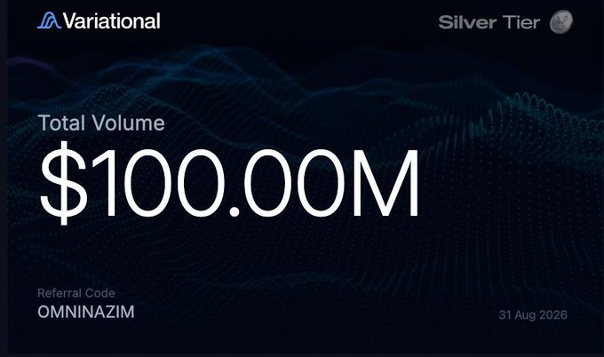 A Variational Silver Tier dashboard displays a 'Total Volume' of $100.00M with the referral code 'OMNINAZIM' and a date of 31 Aug 2026.