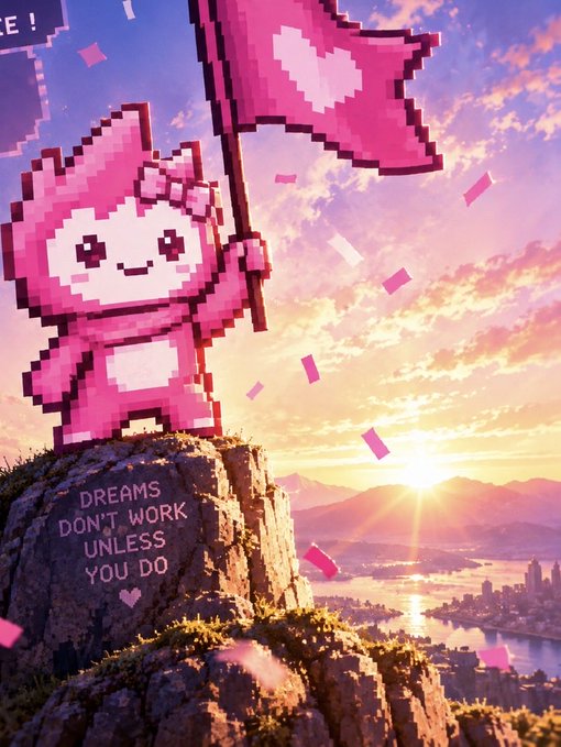A pixel art illustration of a pink character holding a flag with a heart symbol on a cliff with the text 'DREAMS DON'T WORK UNLESS YOU DO' against a sunset cityscape.