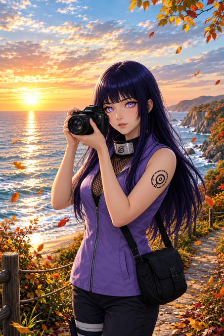 An anime-style illustration of a girl with long purple hair holding a camera, wearing a purple vest and a Konoha (Hidden Leaf Village) headband, standing on a coastal path during sunset with falling autumn leaves.
