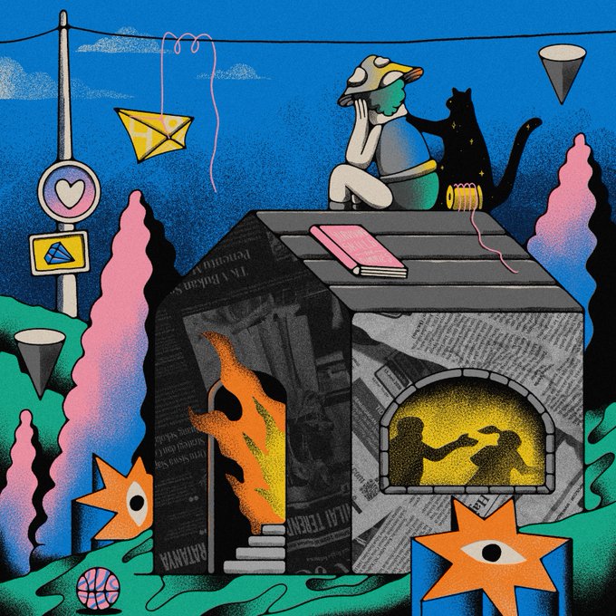 A colorful surreal illustration depicting a figure wearing a cat-eared hat sitting on a house covered with newspaper, accompanied by a black cat, with abstract shapes including stars with eyes and a paper airplane hanging from clouds.