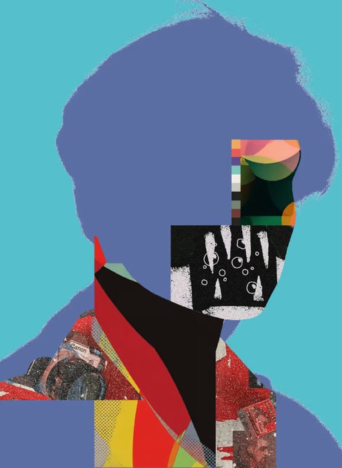 Abstract collage-style portrait with a blue silhouette against a cyan background, featuring mixed media elements including a black square with scissor and comb graphics, colorful geometric shapes, and photographic fragments.