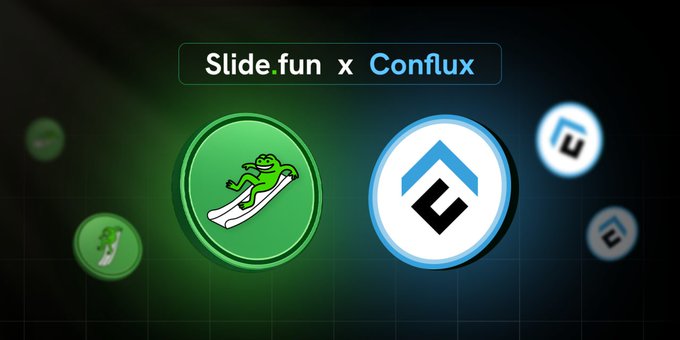 A promotional graphic announcing 'Slide.fun x Conflux' partnership, featuring the Slide.fun green frog logo and the Conflux (CFX) blue logo against a dark grid background.