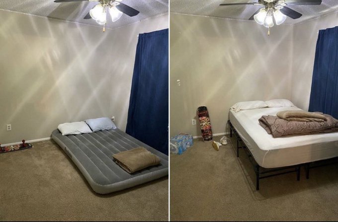 A before-and-after comparison of a bedroom showing an air mattress replaced by a proper bed frame with mattress and bedding.