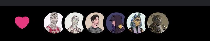 A row of six circular avatar-style illustrations featuring various stylized character portraits—including figures resembling classical busts, a shadowed figure in a hat, and an Egyptian pharaoh—displayed next to a pink heart icon on a black background.