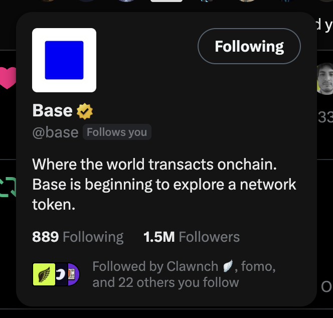 A screenshot of the official **@base** Twitter/X profile (1.5M followers), with the blue square verified badge, showing that **Base** — described as "Where the world transacts onchain" — follows @gitlawb, highlighting the connection to the post about being followed by Base.