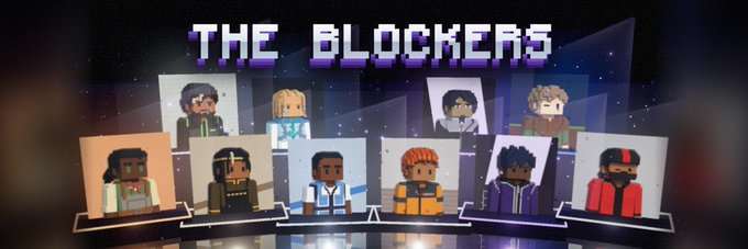 A banner titled 'THE BLOCKERS' in a pixelated font displays an array of 3D blocky character avatars against a starry purple background.