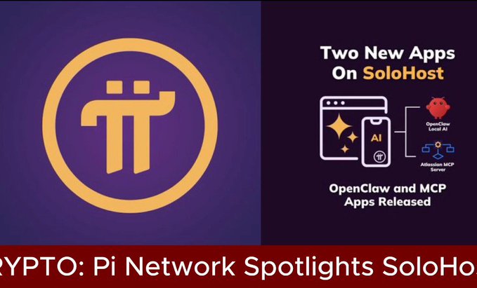 A graphic for Pi Network announcing 'Two New Apps On SoloHost' featuring 'OpenClaw' and 'Atlassian MCP Server' with the Pi logo prominently displayed.