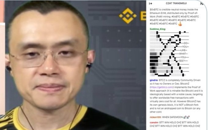 The image shows CZ (Changpeng Zhao), founder of Binance, alongside a Telegram chat screenshot from "CZAT TRANSMISJI" discussing Bitcoin ($BTC) and altcoins like $VBTC, with users debating whether BTCZ is a Bitcoin fork and engaging in crypto trading banter. The juxtaposition suggests that despite CZ's association with crypto exchanges and ongoing market chatter, Bitcoin's aggregated open interest remains elevated compared to pre-"10/10" crash levels, indicating sustained leveraged trading activity.