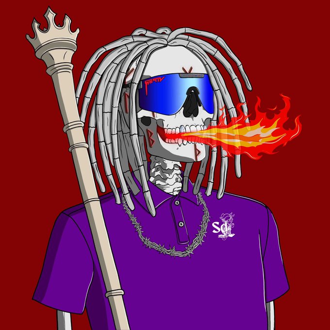 A digital illustration of a skeletal figure with dreadlocks, blue sunglasses, and a purple polo shirt with an 'SQ' logo, breathing fire and holding a scepter, set against a red background.