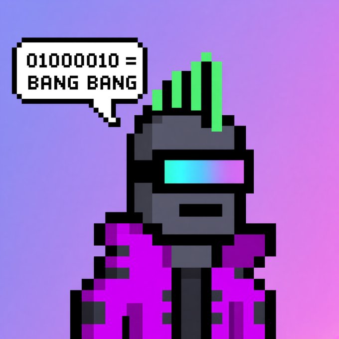 A pixel art character with a green mohawk and visor says '01000010 = BANG BANG' in a speech bubble, referencing ASCII code for 'B'.
