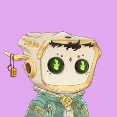 A cute cartoon character with a large bread-like head featuring green dollar signs for eyes, wearing an ornate teal and gold robe, set against a pink background.