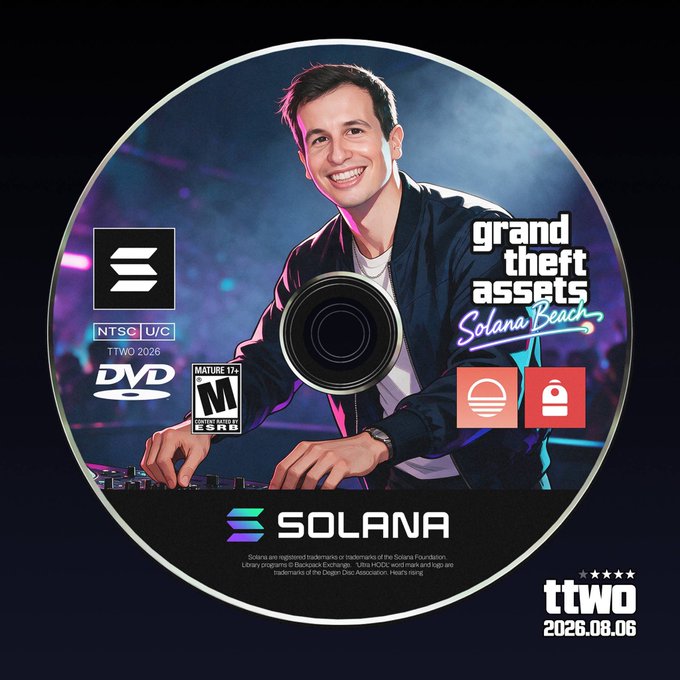 Parody DVD-style cover art titled 'grand theft assets Solana Beach' featuring a smiling man at DJ decks, dated 2026.08.06 and branded with the Solana logo.