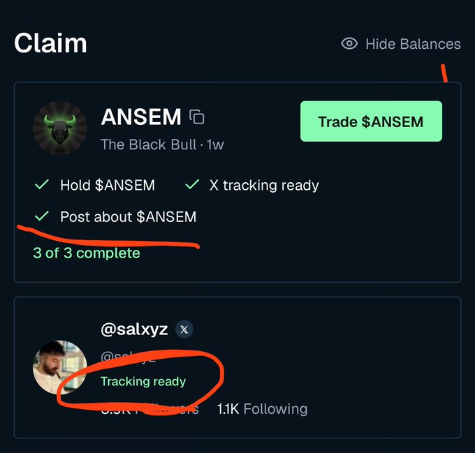 A "Claim" page screenshot showing the $ANSEM token (The Black Bull) with all 3 tasks complete (Hold $ANSEM, X tracking ready, and Post about $ANSEM), with red annotations circling the "3 of 3 complete" status and "Tracking ready" label on user @salxyz. The image illustrates the successful X tracking setup the post is troubleshooting instructions for.