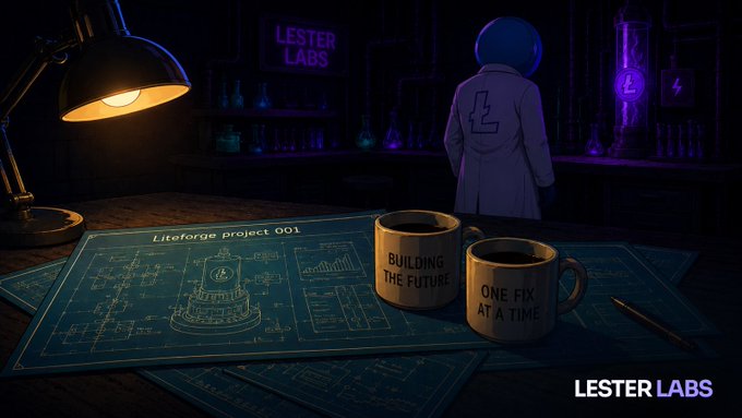 A stylized promotional graphic for 'LESTER LABS' showing a blue-haired character in a lab coat standing before beakers, with two mugs reading 'BUILDING THE FUTURE' and 'ONE FIX AT A TIME' displayed on blueprints titled 'Litoforge project .001'.