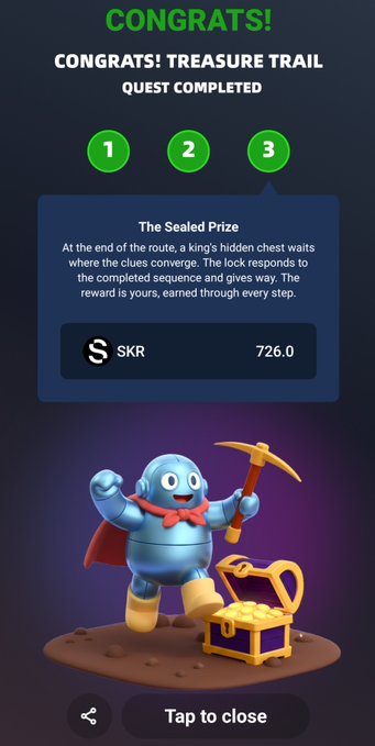 A mobile app screen displays 'CONGRATS! TREASURE TRAIL QUEST COMPLETED' with three completed steps, showing a reward of 726.0 SKR tokens and an illustration of a blue superhero-like character with a pickaxe beside a treasure chest.