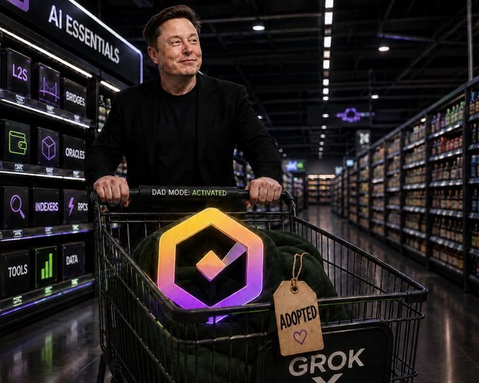 A digitally manipulated image shows Elon Musk pushing a shopping cart containing a glowing 'Grok' logo plushie with an 'ADOPTED' tag, in a store aisle labeled 'AI ESSENTIALS' with shelves of software products like 'BRIDGES', 'INDEXERS', and 'DATA'.
