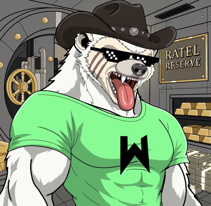 An anthropomorphic honey badger character with pixelated sunglasses, a cowboy hat, and a green shirt with a "W" logo stands in front of a vault labeled "RATEL RESERVE" filled with gold bars.