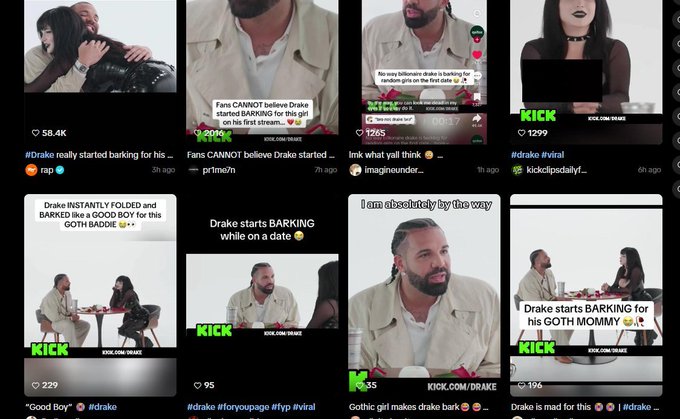 A TikTok-style grid of clips from Drake's recent Kick livestream shows him on a date with a goth woman, with captions like "Drake starts BARKING while on a date," "Drake starts barking for his GOTH MOMMY," and #drake trending with 58.4k views. The fan-edited video references the viral "Bark for me" moment, tying into the memecoin $Bark promoted by the streamer.