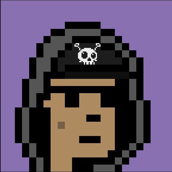 A pixel art CryptoPunk-style character with dark hair, a skull hairpin, and brown skin against a purple background.