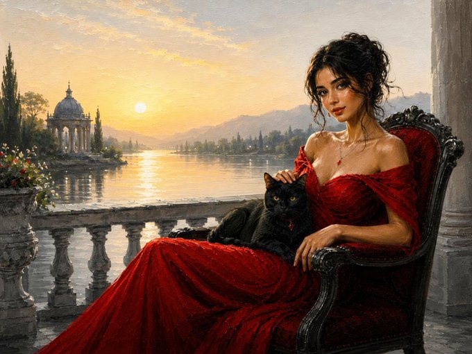 A woman in a flowing red gown sits on an ornate chair at dawn, gently holding a black cat beside a serene lake with distant mountains and a domed pavilion. The image accompanies the post “Share your art — Beauty of Dawn” and links to an OBJKT token, presenting the painting as a shareable digital artwork.