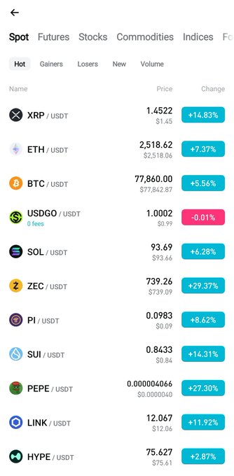 A cryptocurrency trading app displays a "Spot" market list showing widespread gains, with XRP/USDT up +14.83%, ETH/USDT up +7.37%, and BTC/USDT up +5.56% in green, alongside standout performers like ZEC/USDT (+29.37%) and PEPE/USDT (+27.30%). The all-green screen visually reinforces the post's excitement about a "green violence" market rally across multiple assets.