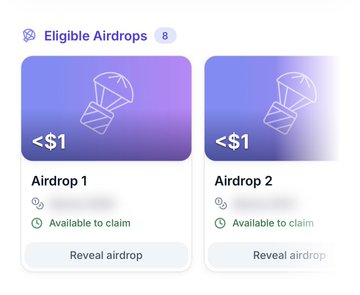 The image shows a user interface displaying "Eligible Airdrops" with a count of 8, featuring two visible airdrops labeled "Airdrop 1" and "Airdrop 2," each valued at less than $1 and marked as "Available to claim" with a "Reveal airdrop" button. This corresponds to the post by illustrating the Basescan "Cards" section where users can view and claim unclaimed airdrops across multiple networks.