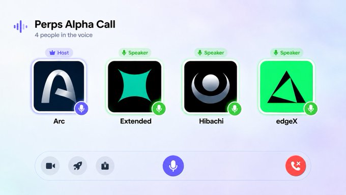 A screenshot of a voice call titled "Perps Alpha Call" with 4 participants, featuring Arc as host and Extended, Hibachi, and edgeX as speakers, visually representing the competitive discussion among these perpetual futures protocols vying for liquidity on the Arc network as mentioned in the post.