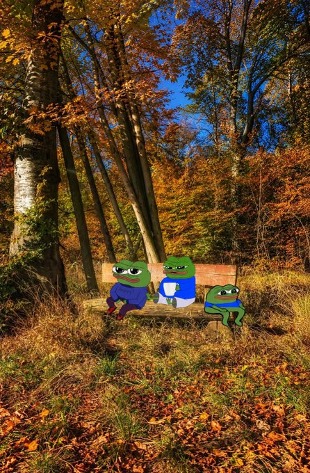 Three Pepe-style cartoon frogs sit on a wooden bench in an autumn forest filled with orange leaves, tall trees, and blue sky.