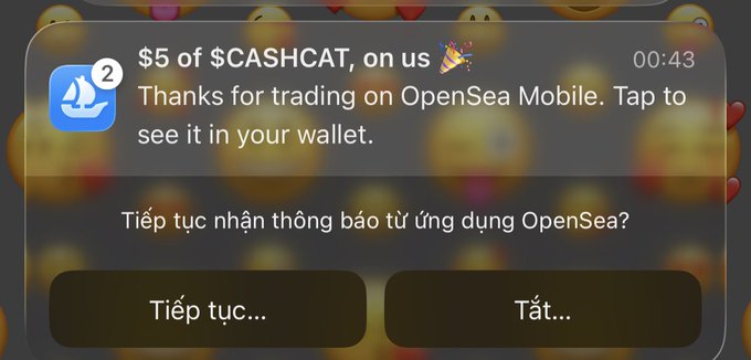 A mobile notification from OpenSea offering $5 of $CASHCAT, asking in Vietnamese 'Tiếp tục nhận thông báo từ ứng dụng OpenSea?' with options 'Tiếp tục...' and 'Tắt...'.