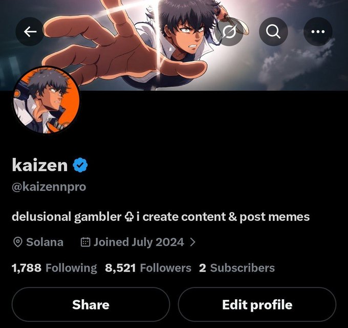 Twitter/X profile for 'kaizen' (@kaizennpro), describing themselves as a 'delusional gambler' who creates content and posts memes, based on Solana, with 8,521 followers, using an anime character banner.