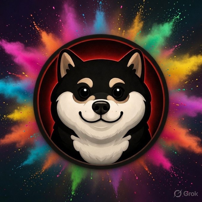 A digital illustration of a smiling Shiba Inu dog character centered in a circular frame, surrounded by an explosion of colorful powder against a dark background, with a 'Grok' watermark in the bottom right corner.